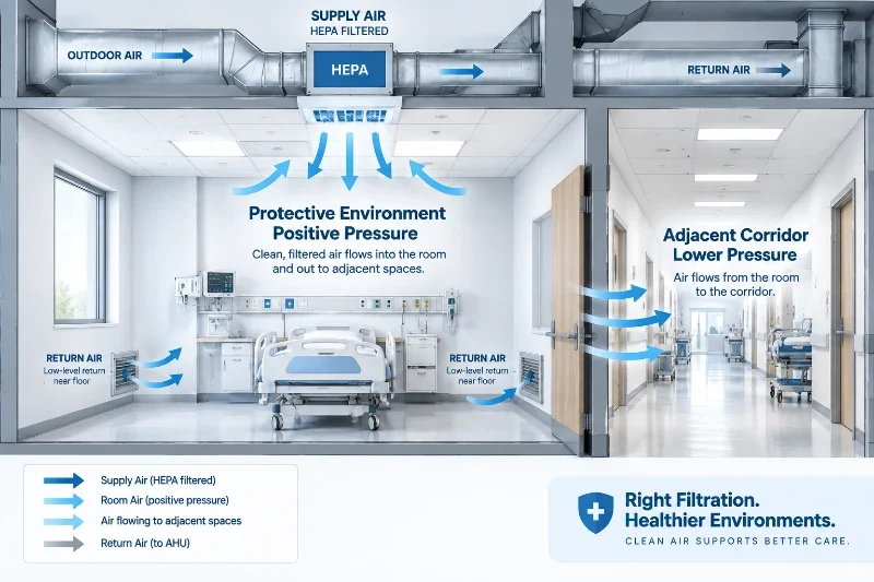 Ambiente protettivo ospedaliero con aria di mandata filtrata HEPA, pressione positiva e flusso d’aria verso il corridoio