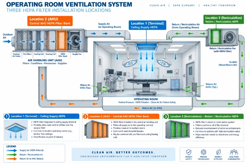 Schema delle tre possibili posizioni dei filtri HEPA nella ventilazione delle sale operatorie: terminale di mandata, unità di trattamento aria (UTA) e ricircolo.