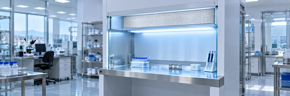 Banco a flusso laminare con filtro HEPA in un laboratorio controllato