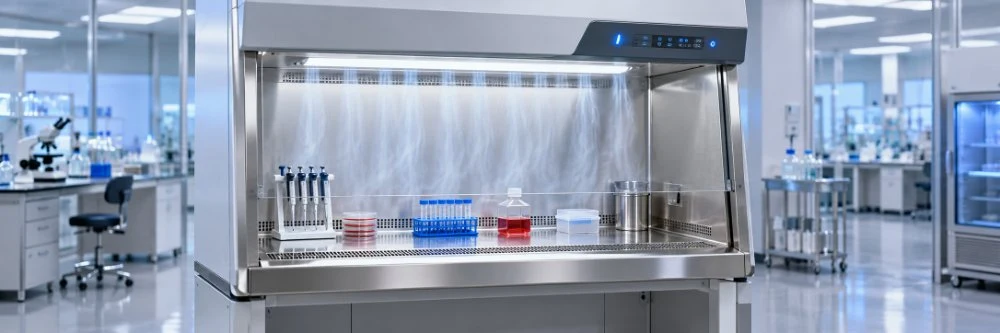 Cabina di sicurezza biologica di Classe II in laboratorio, con flusso d’aria discendente filtrata HEPA sopra il piano di lavoro