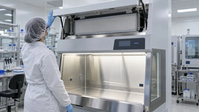 Operatrice di laboratorio apre il pannello superiore di una cabina di sicurezza biologica di tipo Classe II per accedere al vano del filtro HEPA