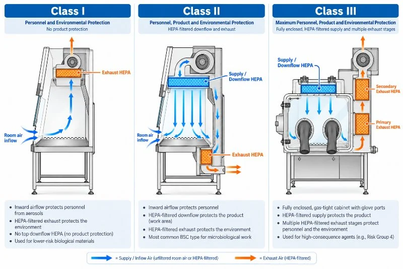 Confronto tra cabine di sicurezza biologica di Classe I, II e III, con filtri HEPA di mandata ed espulsione, flussi d’aria e livelli di protezione