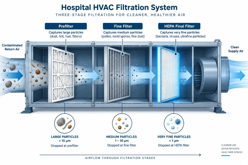 Sistema HVAC ospedaliero con filtrazione a tre stadi: prefiltro, filtro fine e filtro finale HEPA