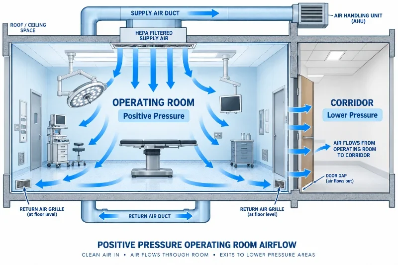 Schema della ventilazione a pressione positiva in sala operatoria, con aria filtrata immessa dal soffitto e flusso d'aria diretto verso il corridoio a pressione inferiore.