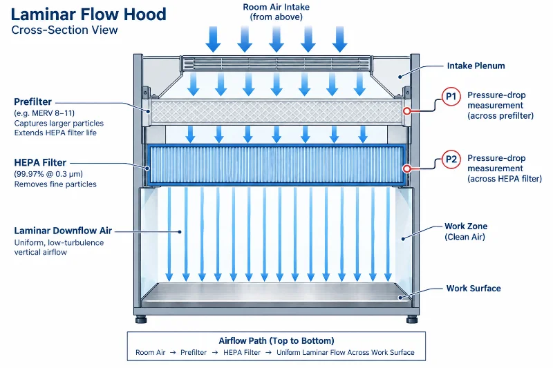 Schema tecnico di una cappa a flusso laminare verticale con prefiltro, filtro HEPA, punti P1/P2 per la perdita di carico e flusso laminare verso il piano di lavoro