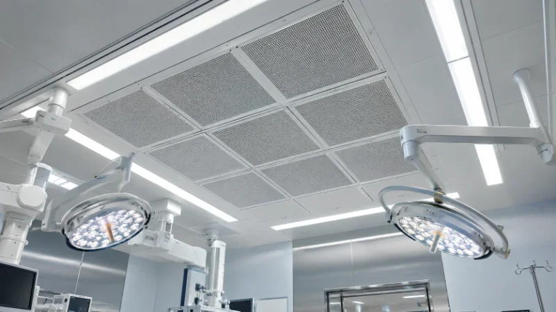 Soffitto di mandata dell'aria filtrata in una sala operatoria, con ampia superficie di moduli a griglia e lampade scialitiche sospese.